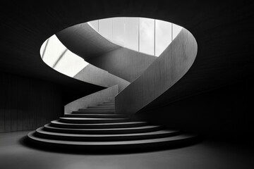 Aufkleber - A stunning spiral concrete staircase ascends dramatically within a minimalist space, contrasted by light filtering through the overhead circular skylight.