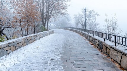 Sticker - Snowy path curving through a foggy winter park.