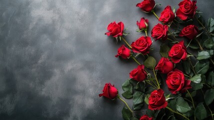 Wall Mural - Vibrant Red Roses Arranged Elegantly on a Dark Textured Background, Perfect for Romantic Occasions, Celebrations, or Floral Design Projects