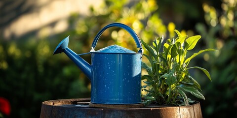 Blue garden watering can placed on a rustic barrel. This blue garden watering can adds a charming touch to the scene, beautifully captured with a shallow depth of field.