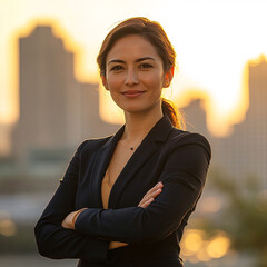  Portrait of successful business woman outside office, standing with arms crossed , Serious and confident business woman in work