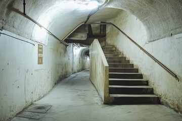 Poster - An intriguing photograph illustrating an underground tunnel passage with worn stairs in an old concrete structure, evoking a sense of adventure and mystery.