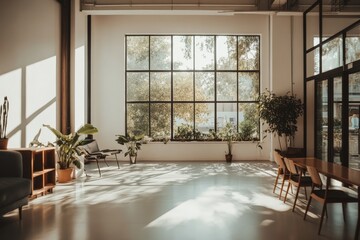 Leinwandbilder - A bright room filled with natural light from large windows, adorned with indoor plants, simple furniture, and a serene, airy vibe for relaxation and peace.