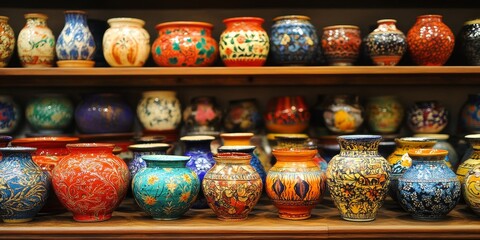 Vibrant traditional ceramics displayed in a souvenir shop showcase the rich artistry and colorful designs. These traditional ceramics attract attention with their exquisite patterns and craftsmanship.