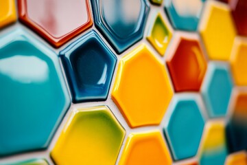 Fototapete - Close-up of glossy, colorful hexagon tiles arranged in a lively pattern, creating a bright and playful aesthetic perfect for modern interior design.