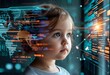 © Татевик Багдасарян - A young child looks at a glowing digital interface with data and world map visuals, symbolizing technology, innovation, and future potential.