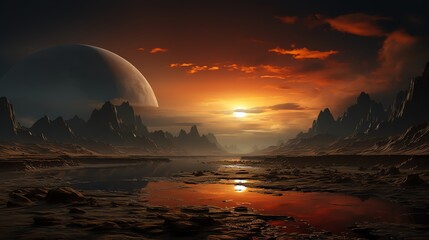 Wall Mural - alien planet sunset over mountains and river.