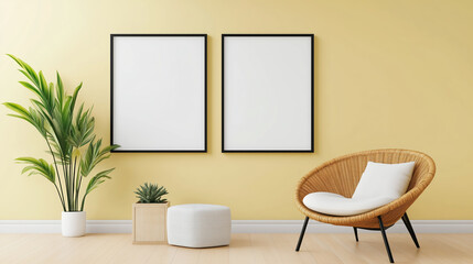 Wall Mural - Bright yellow interior with minimalistic decor featuring empty frames and a cozy chair