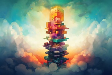 Wall Mural - colorful block tower in dreamy cloudscape.