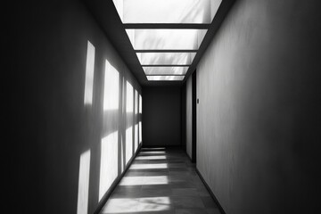 Aufkleber - A minimalist hallway featuring a series of skylights, casting sharp, geometric shadows on the walls and floor, creating a dynamic play of light and shadow.