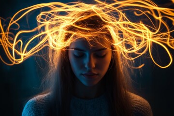 Poster - A serene portrait of a woman surrounded by bright orange swirling light trails, creating a captivating contrast and an ethereal effect against a dark backdrop.