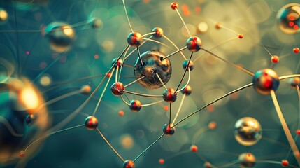 Wall Mural - 3D illustration of a futuristic science background featuring a detailed molecule and atom model with interconnected structures, representing scientific research and innovation.