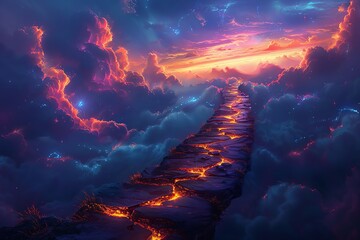 Wall Mural - Fiery path above clouds at sunset.