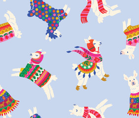 Wall Mural - White llamas, alpacas in winter sweaters, scarf and hats isolated on light blue background. Pattern Design