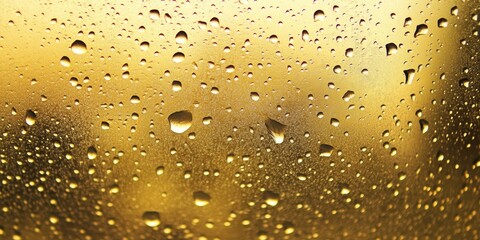 Wall Mural - Close up of raindrops on glass, creating an interesting background texture. This scene of raindrops reflects the essence of bad weather, enhanced by warm yellow shades.