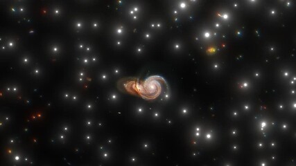 Wall Mural - Stars Fly Through with Twin Spiral Galaxies Twirling with Millions of Suns and Planets. Deep Space Exploration Photo Animation. Space Background 3D Abstract ProRes 4K.