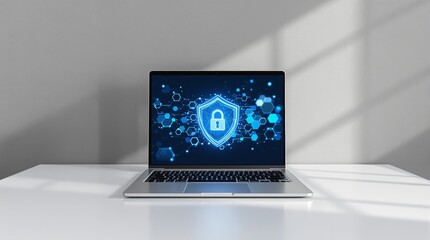 laptop with glowing blue security shield on screen on white desk in minimalist setting.