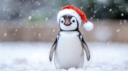 Wall Mural - Cute penguin wearing Santa hat in snow.