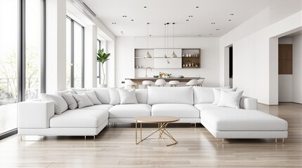 Wall Mural - Modern white living room with sectional sofa, minimalist decor, and open kitchen in bright natural light.