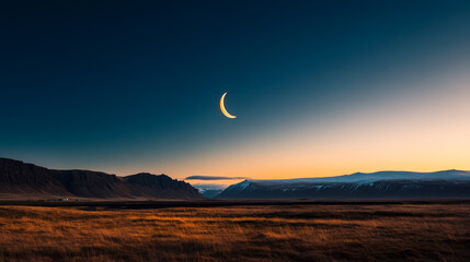 Wall Mural - vast landscape under a crescent moon at dusk with mountains in the background