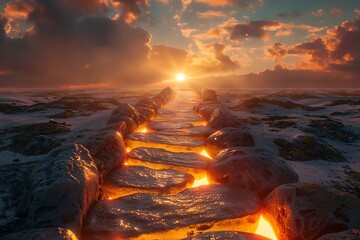 Wall Mural - Glowing lava path sunset landscape.