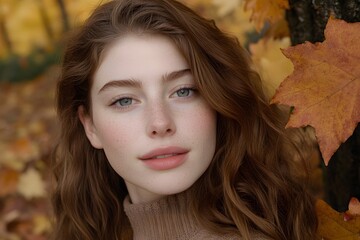 Wall Mural - Beautiful Freckled Woman Autumn Leaves Portrait