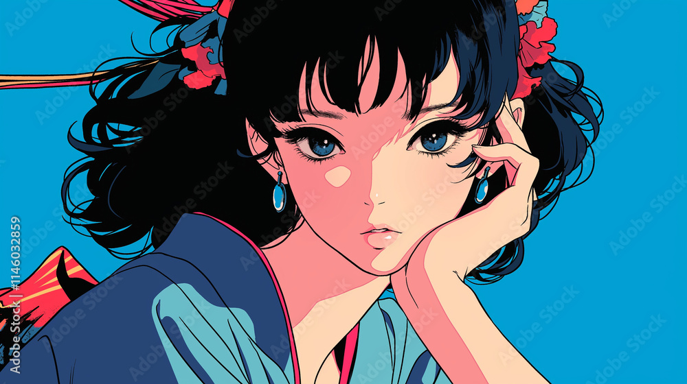 70年代、80年代のシティポップを意識した女性のアニメ風イラスト