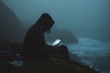 Wall Mural - a person sits on a rocky outcropping, gazing at their tablet computer
