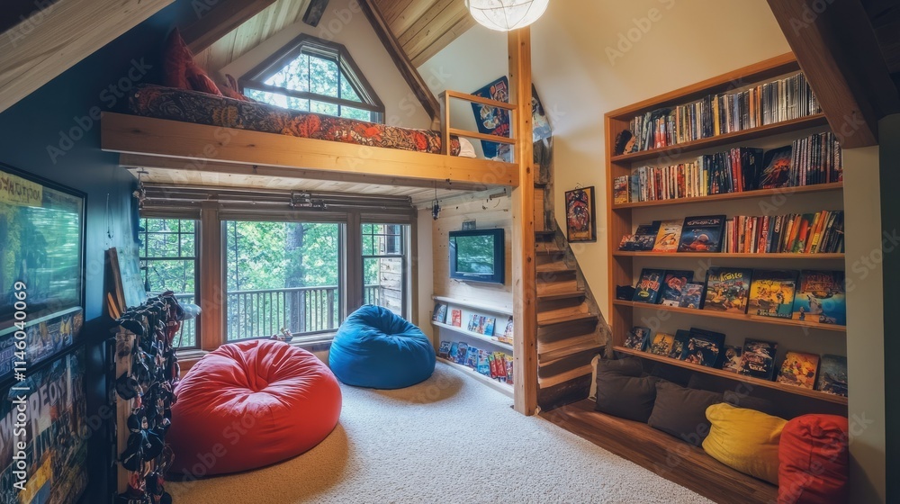 Cozy and Inviting Kids Playroom with Loft Bed, Colorful Bean Bags ...