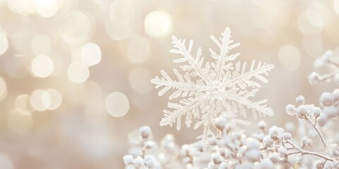 Wall Mural - a solitary, pure white snowflake rests against a soft, light backdrop, showcasing its unique and del