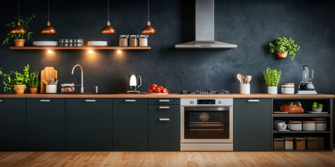 Functional kitchen design with olive green cabinets and walnut accents