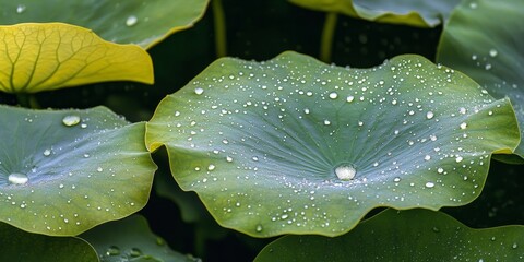 Rain droplets embellish the surface of lotus leaves, creating a serene and tranquil atmosphere. The beauty of rain on lotus leaves adds a unique charm to nature s canvas.