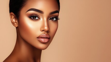 Wall Mural - A beautiful Black woman with perfect makeup and shiny lips, against a neutral background.