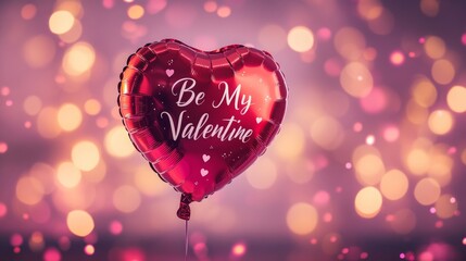 Poster - A red heart-shaped balloon features the phrase Be My Valentine in white text, surrounded by a vibrant, soft-focus background of shimmering bokeh lights, creating a romantic atmosphere.