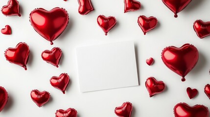 Poster - Bright red heart-shaped balloons are scattered around a blank card on a white surface, creating a playful atmosphere perfect for love notes or celebratory messages, ideal for any romantic occasion.