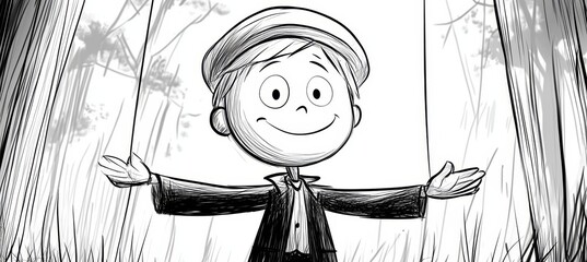 Wall Mural - Vector style black and white coloring page featuring a single puppet outline on white background