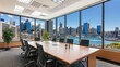 © han - Sleek Modern Boardroom Photo with Panoramic City View, Signifying Optimistic Corporate Perspective and Strategic Vision.