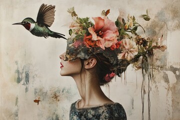 Wall Mural - A colorful illustration of a woman surrounded by flowers and a hummingbird