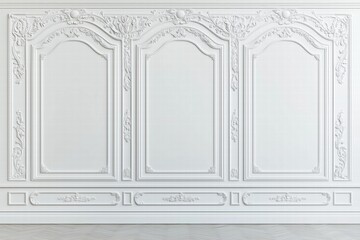 A classic interior wall with ornate white paneling and decorative moldings. The wall features three empty frames, ideal for showcasing art or photographs.