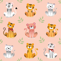  Cute tigers, cartoon vector seamless pattern for children. Print for textile, fabric, wallpaper, paper.