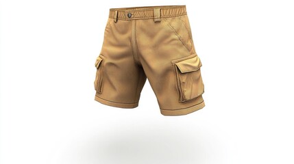 A pair of tan cargo shorts with pockets, designed for casual wear and outdoor activities.