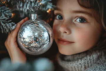 Wall Mural - Generative AI Image of a Cute Child Decorating a Christmas Tree with Festive Ornaments