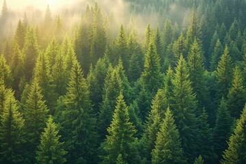  Serene Forest Landscape with Lush Green Trees and Soft Morning Mist Illuminating the Natural Beauty of the Wilderness