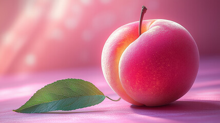 Wall Mural - Perfectly ripe peach with a green leaf resting on a soft pink surface with gentle lighting