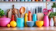 © Ms. Fox - Colorful array of kitchen tools neatly organized on a wooden countertop, ready for meal preparation.