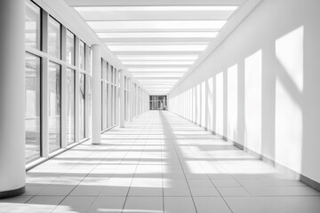 Poster - A bright and airy corridor lined with tall glass walls, filling the space with natural light and creating a serene and open atmosphere, enhancing clarity.