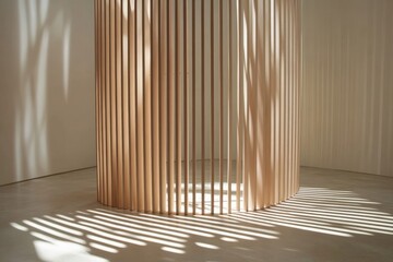 Poster - A modern architectural feature with vertical wooden slats casting dynamic light patterns on the floor, creating an interplay of shadows and textures.