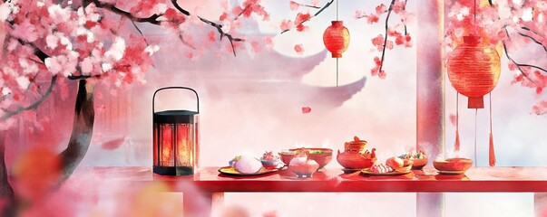 Chinese new year temples concept. Lunar New Year temple feast, tables with traditional offerings, harmonious gathering, watercolor style