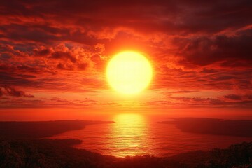 Wall Mural - Breathtaking Sunset Over Calm Waters with Fiery Red Sky and Glowing Sun Reflecting on the Ocean Surface