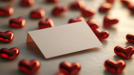 Poster - A blank card rests among numerous glossy red hearts, creating a romantic and festive atmosphere suitable for love notes, invitations, or heartfelt messages. The setting exudes warmth and charm.